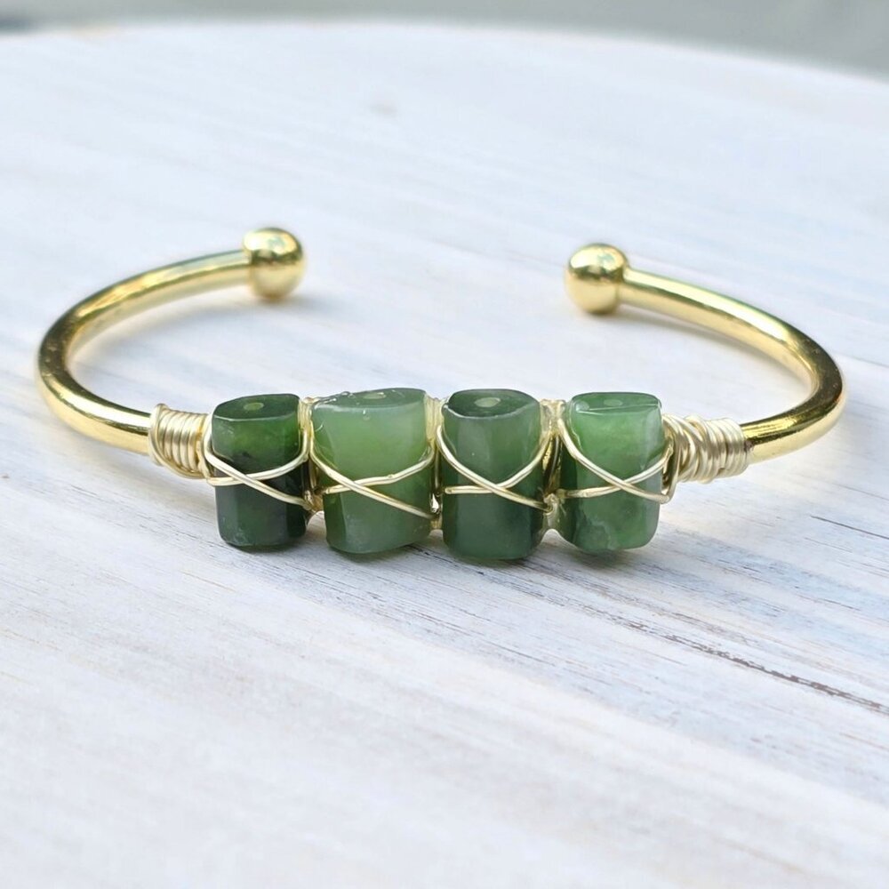 Jade ✦ 4‑Stone Wire Wrap Wisdom Cuff ✦ 14Kt Gold Over Copper Adjustable Talisman - Picture 10 of 13